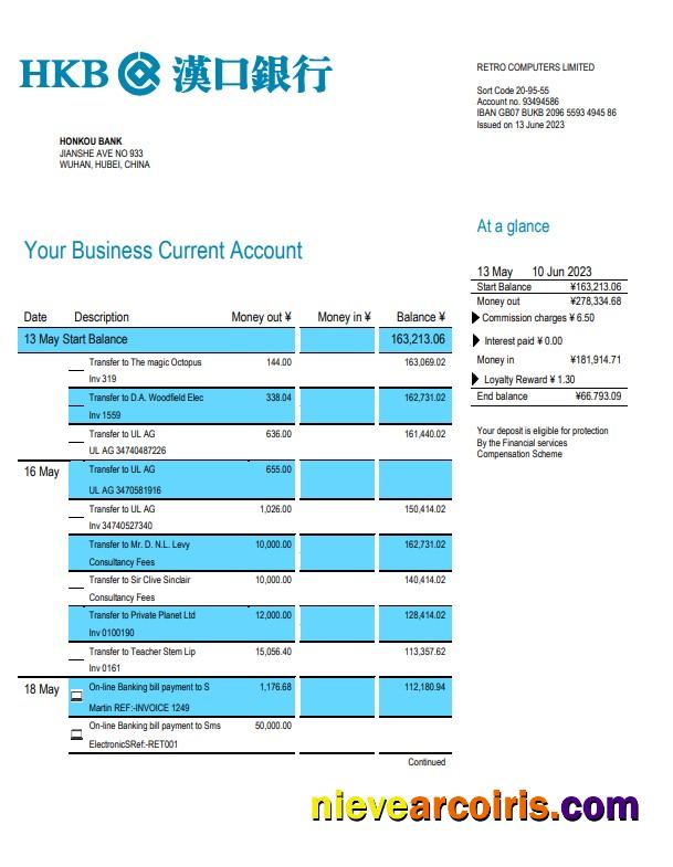 Honkou Bank business bank statement